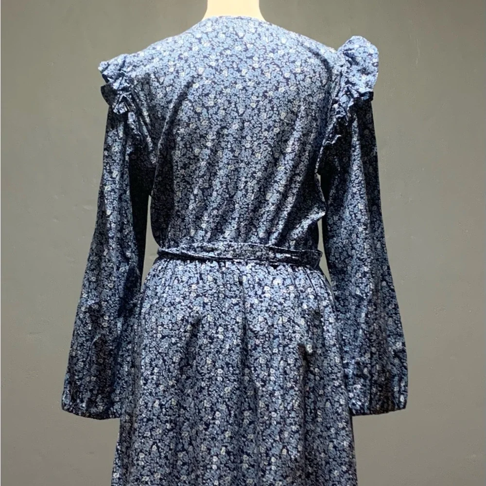 J.Crew Sz Small Long Sleeve Blue Floral Print Belted Dress - Picture 5 of 7